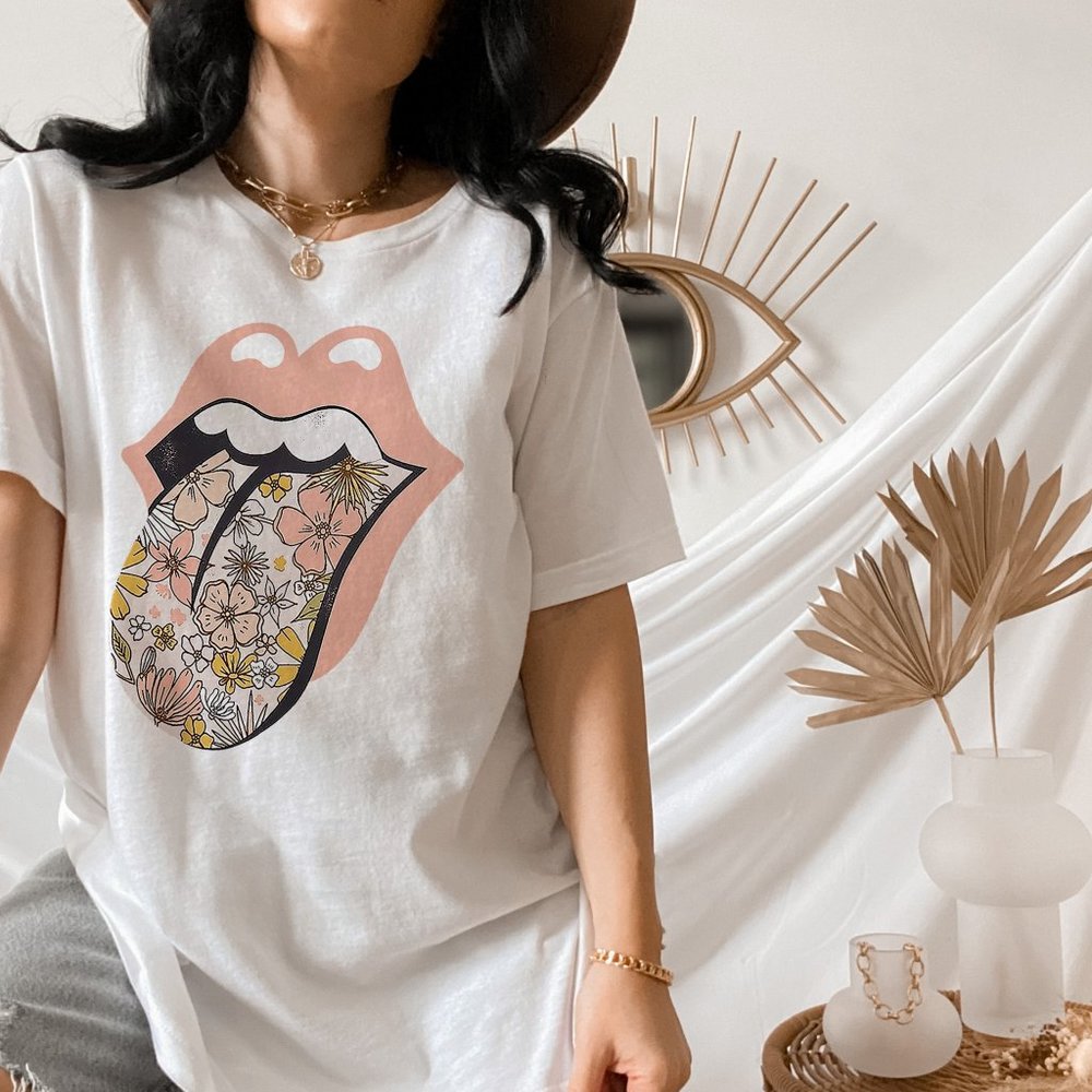 Women's Pink Floral Tongue Vintage Distressed Graphic Tee - Picture 1 of 10